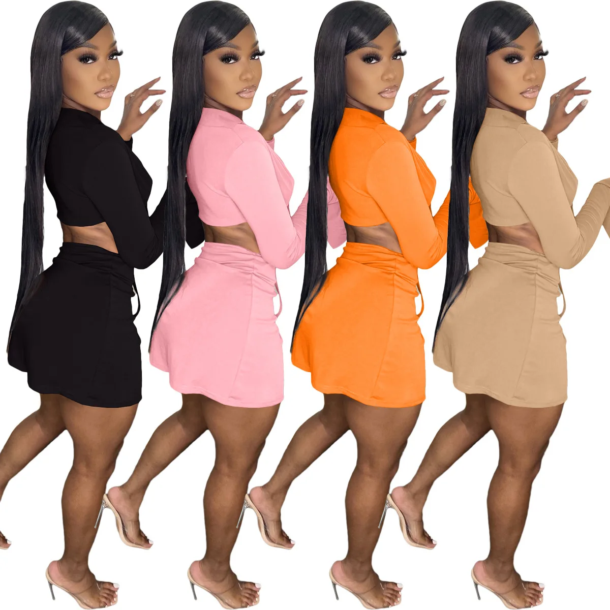 2022 summer new fashion solid color long sleeve cropped top sexy short skirt and shirt set women two piece skirt set