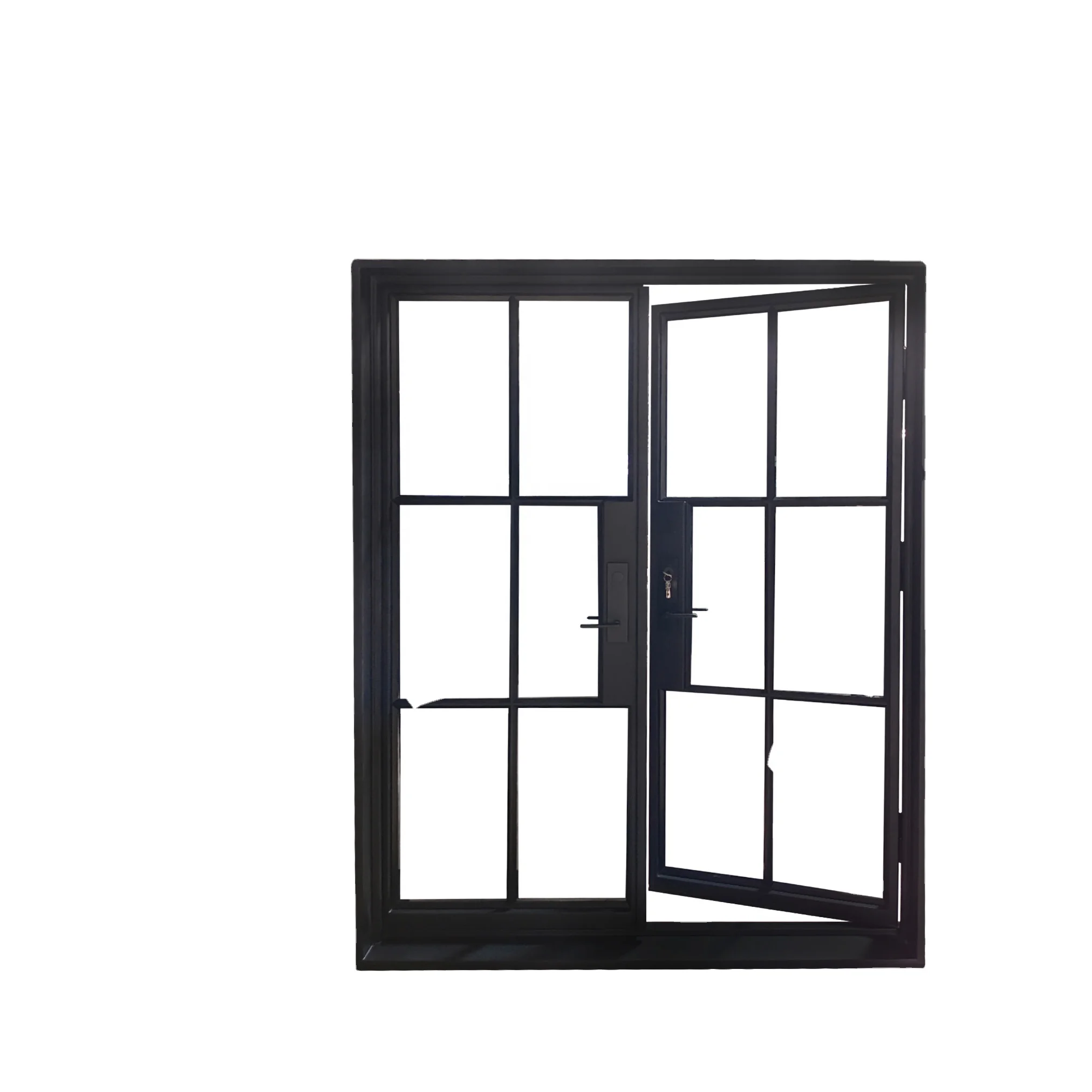 French Wrought Iron Modern Double Door Indoor Glass Steel Swing Enter Matt Black Fiberglass Entry Door SY Interior 2 Set 5 Years