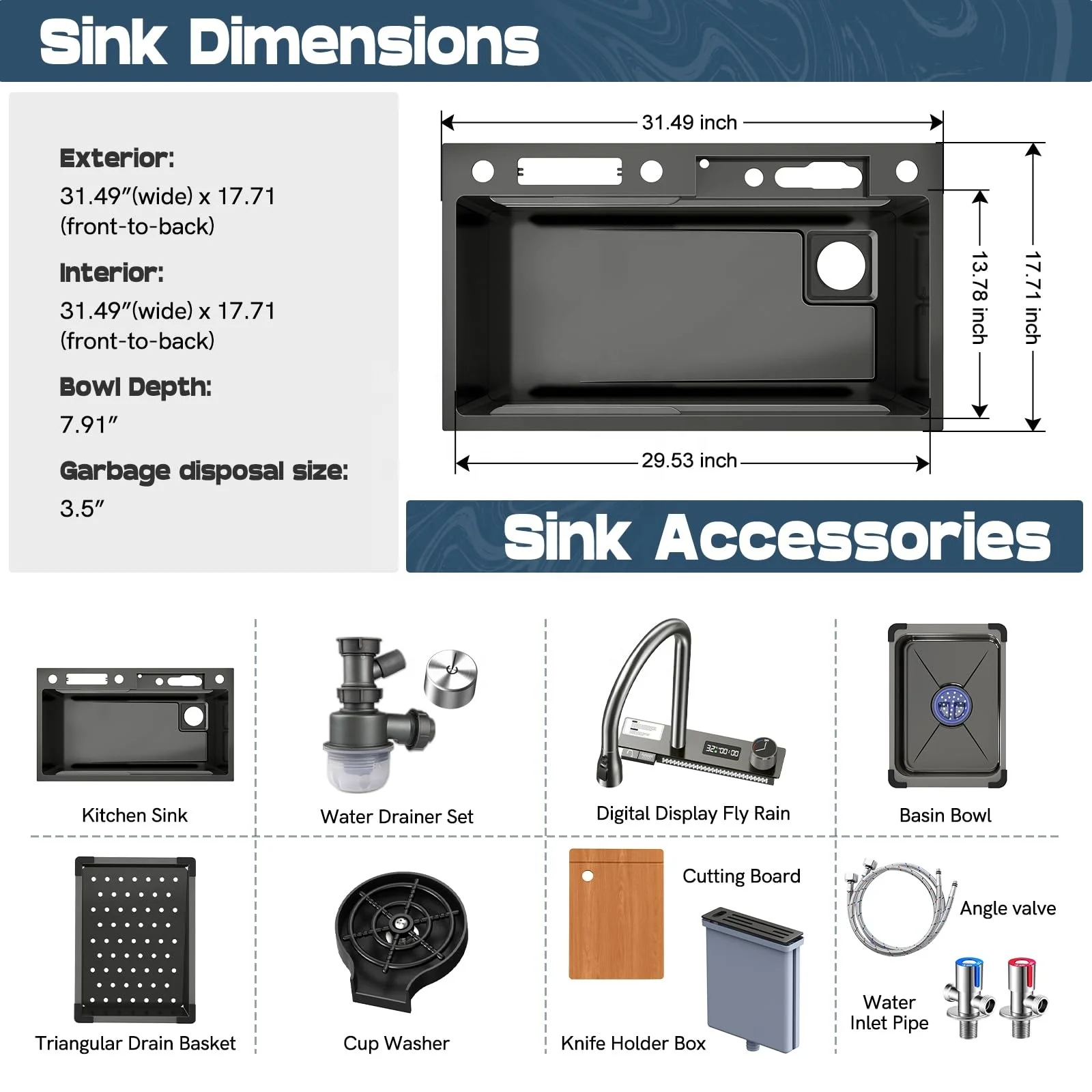 Voriva Modern smart kitchen sinks stainless steel Nano black Digital Display kitchen sink faucet single bowl kitchen sink set