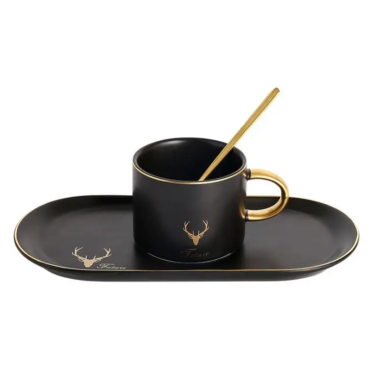 European style light luxury glazed ceramic coffee cup set Mug gold rim tray with spoon