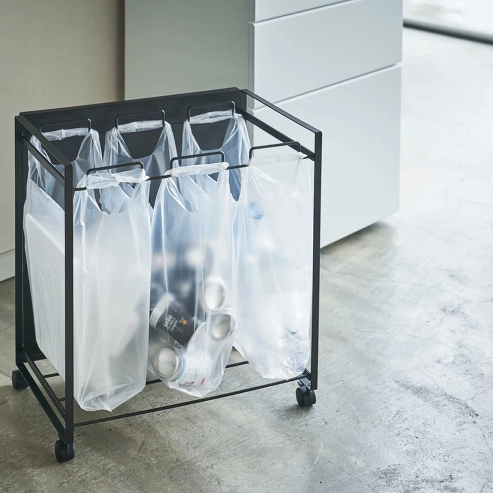 Japanese style minimalist 3 grid classification garbage bin with pulley garbage rack movable kitchen garbage bag storage rack