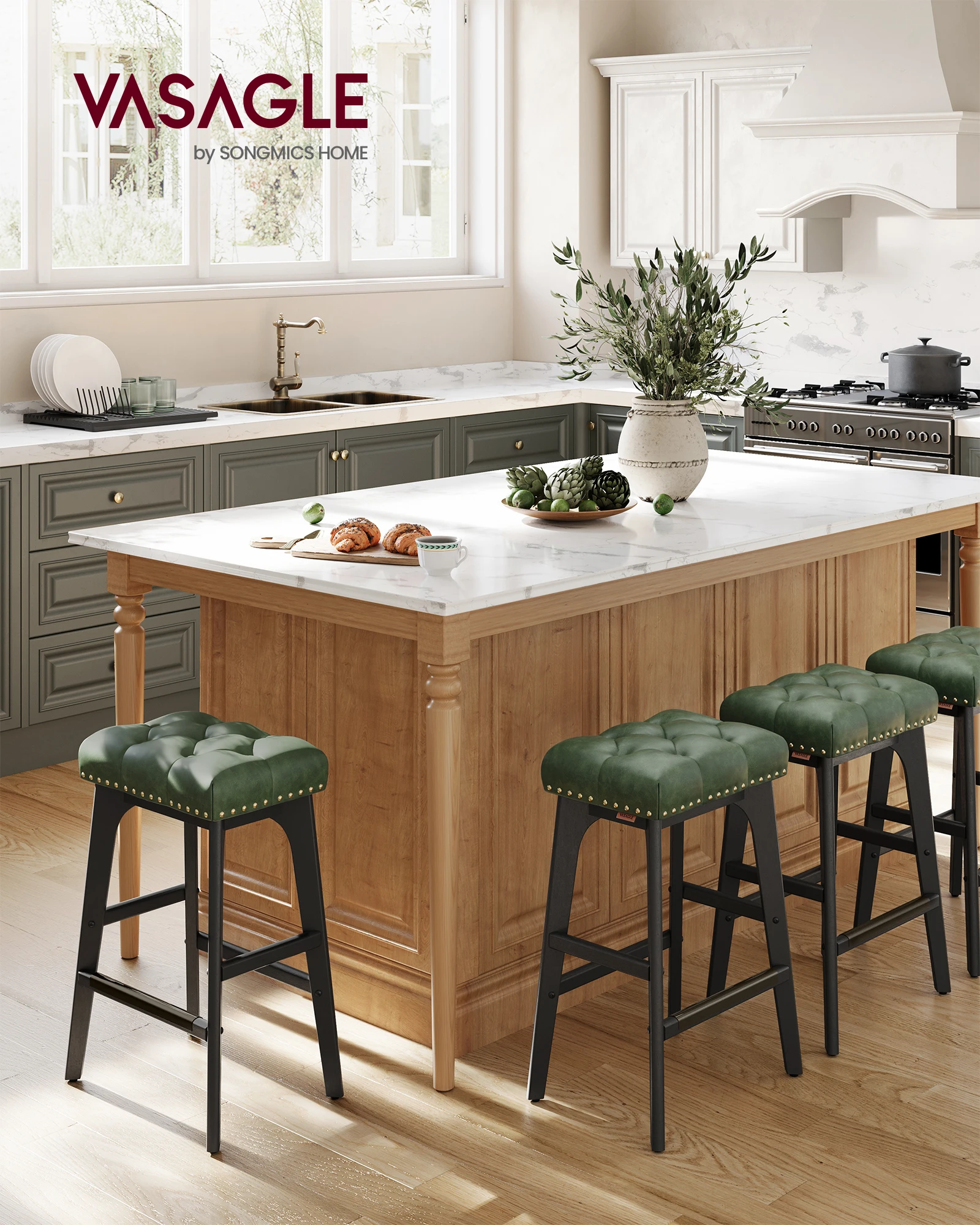 VASAGLE Counter Bar Stools Set of 2 Modern Backless Leather Bar Stools Solid Wood Legs Saddle stools