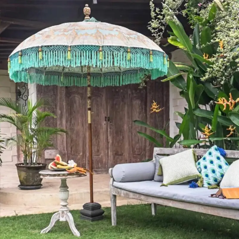 2m Vintage Furniture Handcrafted London Outdoor Garden Sun Parasol with Fringe Tassels, Boho Bali Yard Patio Poolside Umbrellas