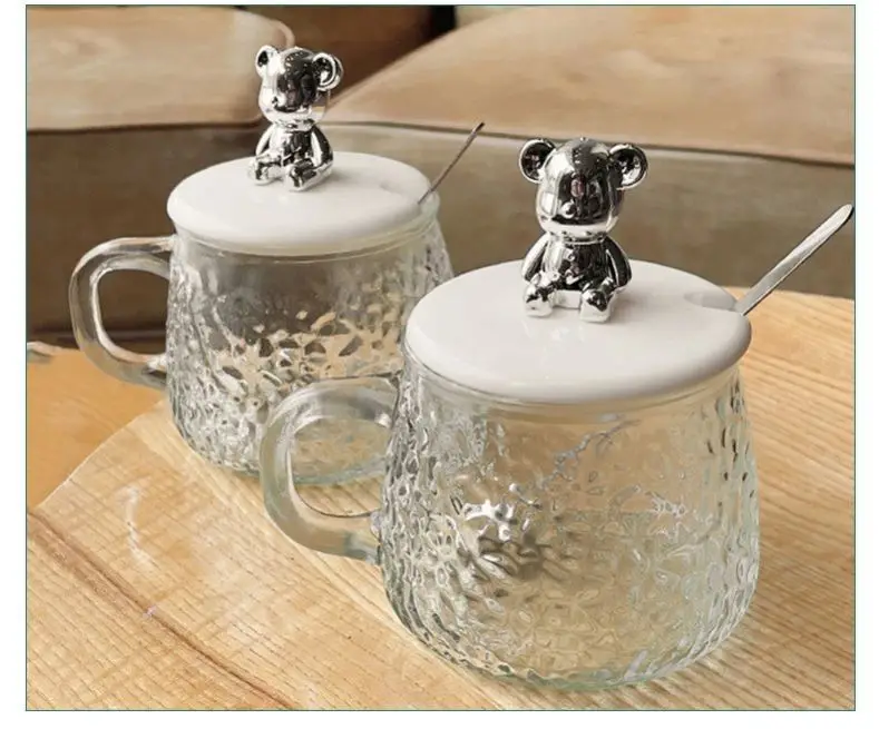 Coffee Mugs With Handle And Bear Lid High Quality Hammer Coffee Glass Cup With Spoon