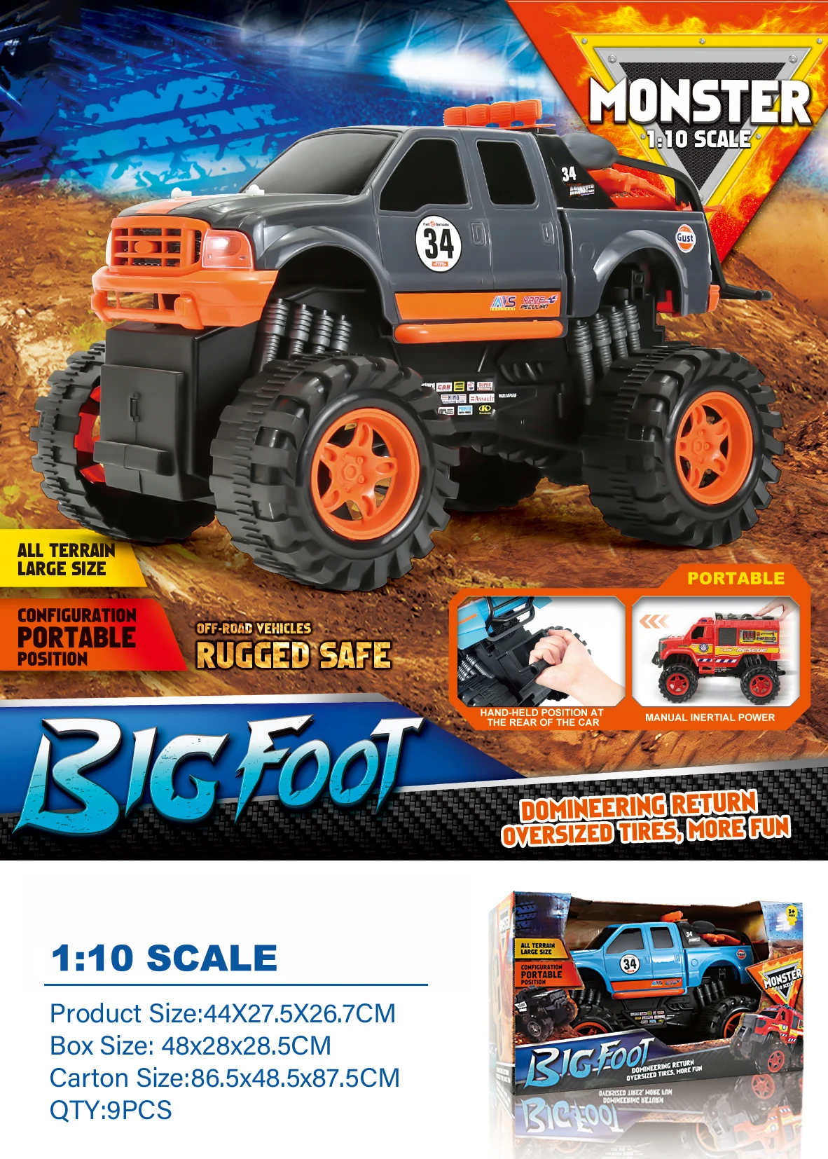 3+age 1:10 scale portable big size monster off road truck with powerful over sized tired for CHILDREN