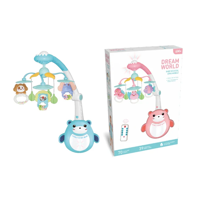 Remote control cartoon animal bed bell music lights projection baby mobile toys HC500047