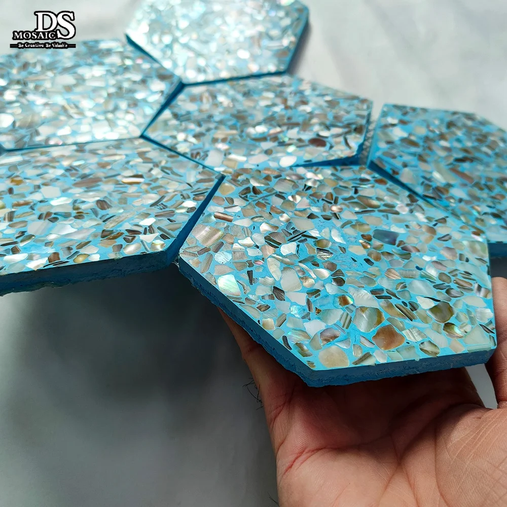 Polished Blue Hexagon Shape Natural Mother of Pearl Shell Tile Waterjet Cut Parquet Mosaic for Interior Backsplash Kitchen Ti