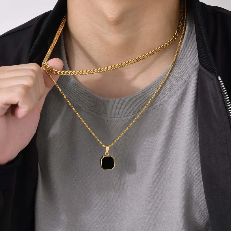 Fashion jewelry men square turquoise stone pendant necklaces acrylic 18k gold plated stainless steel shell charms necklace