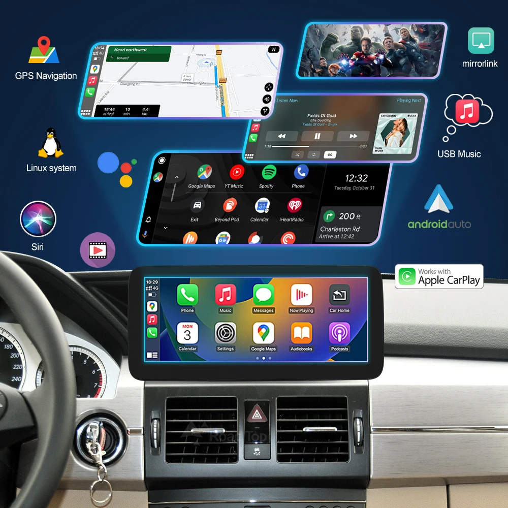Road Top 1920*720 Linux Wireless CarPlay Android Auto Multimedia Display Screen for Mercedes-Benz GLK X204 2008-2012 NTG4.0 LHD