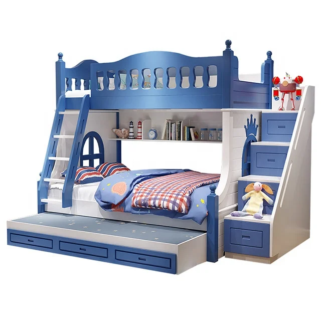 Modern Wooden Frame bunk Kids Bed with slide bookshelf stair and drawers Children Bedroom Furniture Factory Direct wholesale