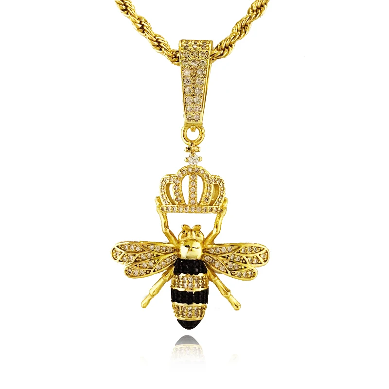 Famous Jewelry Brand Luxury Bee With Crown Pendant Necklace Filled Zircon Pendant