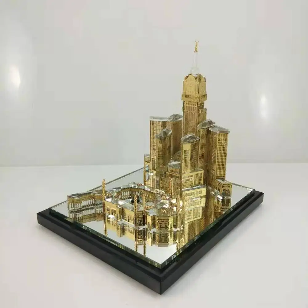 Exquisite design muslim makkah clock tower and mosque set crystal metal building model for sale
