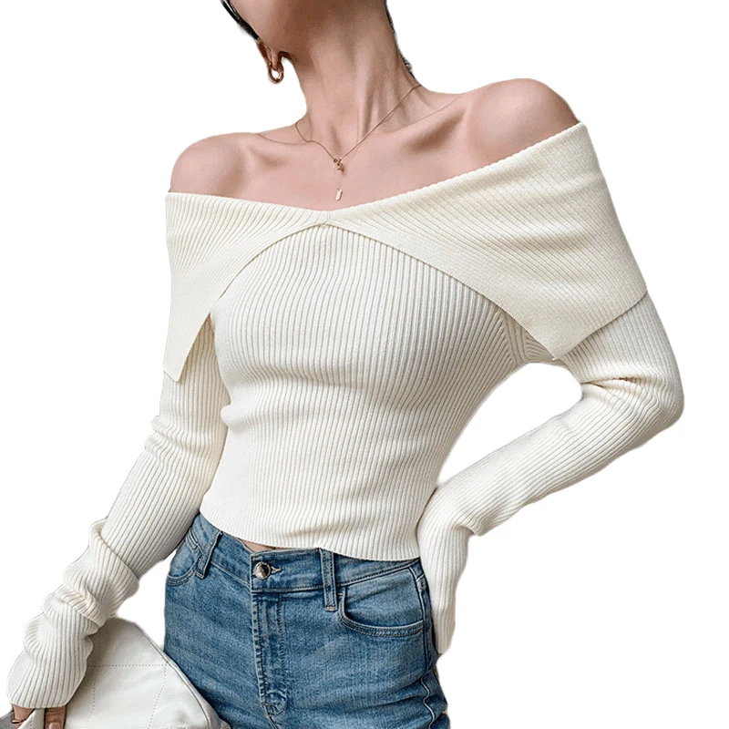 Sexy one shoulder solid color base sweater, high-end off shoulder knit sweater, fashionable slim fit waist sweater