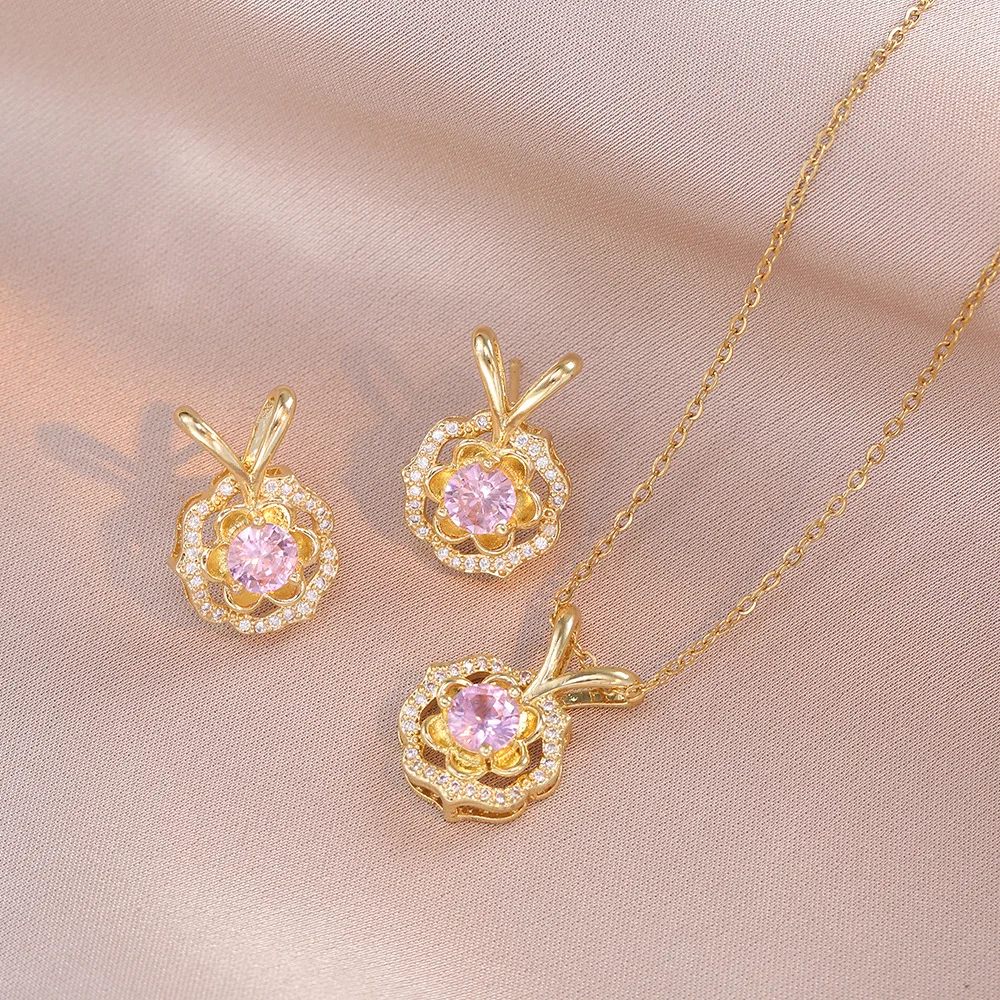 Ladies Titanium Steel Necklace Ear Nail Set with Rose Zircon Gold Plated Stainless Steel Classic New Design for Party & Gift