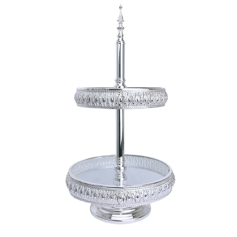 Wholesale Round Silver Wedding Cupcake Display 2 Tiered Dessert Tray 3 Tier Cake Plate Stand with Handle