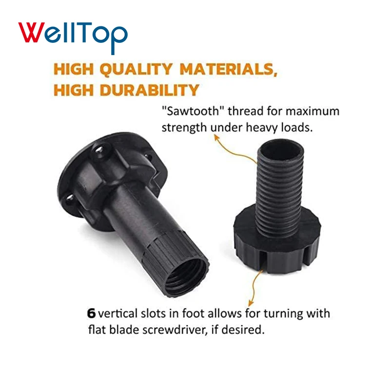 WELLTOP 06.006 Black Adjustable Plastic Table Leg Leveling Feet Plastic Furniture Legs for Cabinet Kitchen Bathroom Table