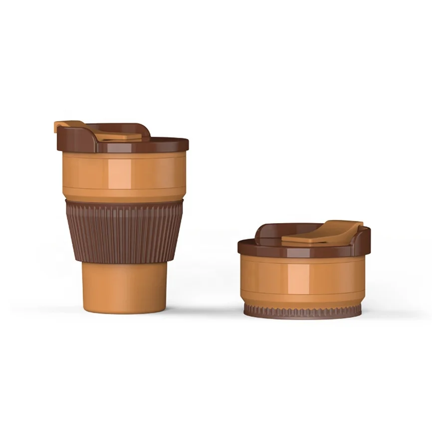 450ML BPA free food grade silicone water cup with plastic lid folding and collapsible coffee mug kettle travel camping outdoor