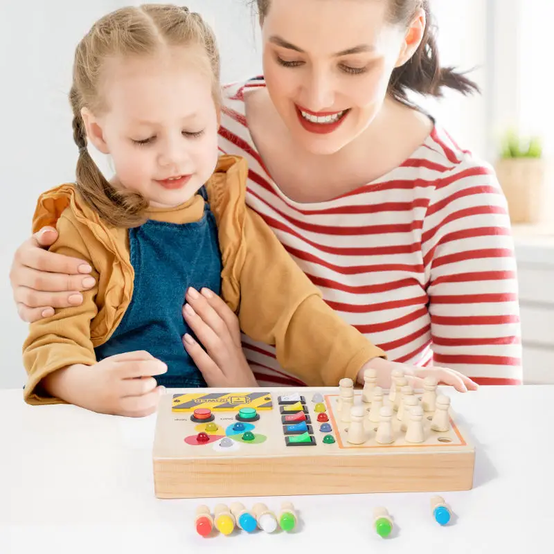 KS Montessori Educational Kids Wooden switch Busy Board with 10 led light 20 chessman Memory Chess Game