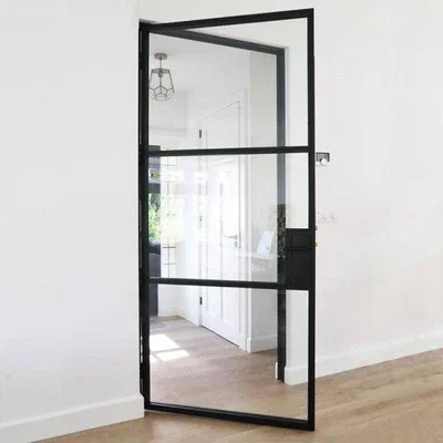Modern Design Powder Coating Matt Black Single Steel Glass Door with Transparent Tempered Glass