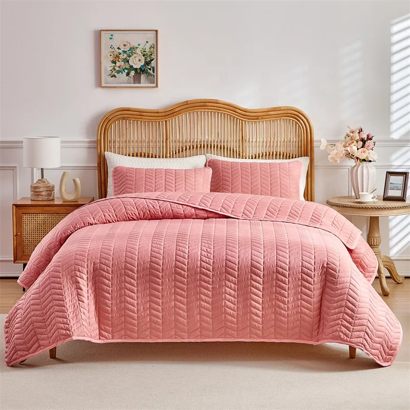 Twin Size Bedspread Set 3pcs Microfiber Bedding With Pillowcase Full Hotel White Wheat Sheaf Solid Patchwork Quilt Set