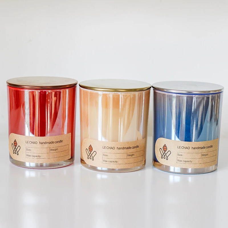 Customized Wholesale Luxury Colored Dazzling Glass Candle Jar With Lid Laser Electroplated Red Scented Cups Bamboo Caps