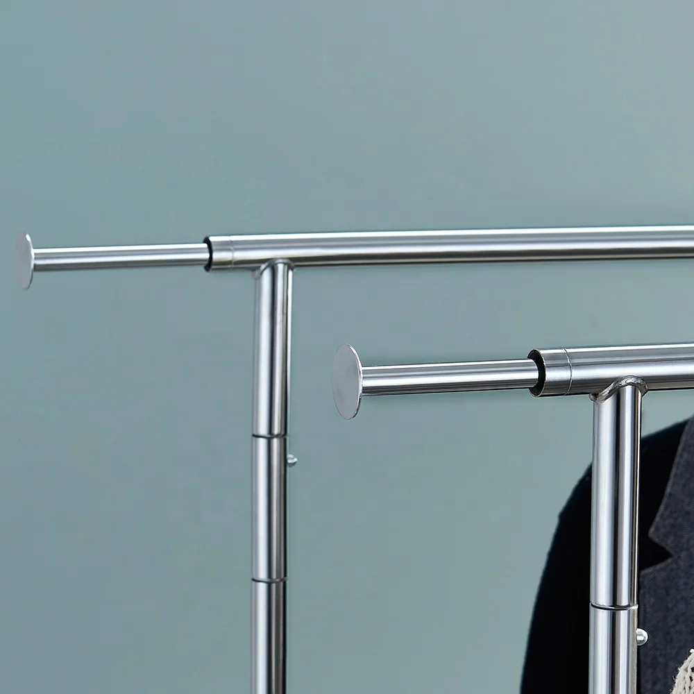 Factory Wholesale Double Rails Rolling Modern Heavy Duty Clothing Rack With Wheels Heavy Duty Clothing Garment Rack