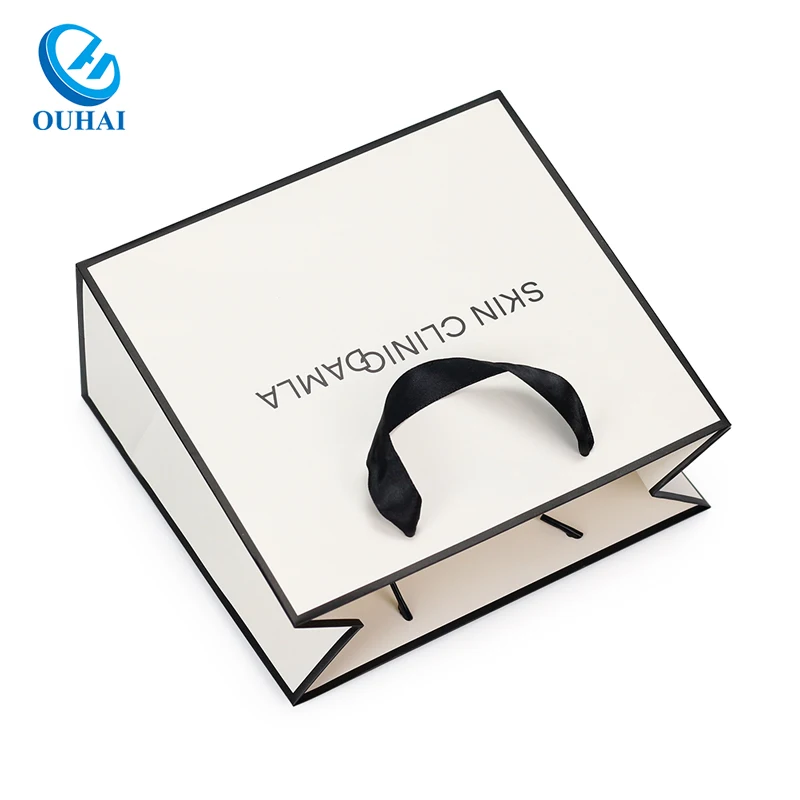 Wholesale Custom with Your Own Logo Lamination Cardboard Grey Board Paper Bag with Ribbon Handle for Shopping Retail Packing