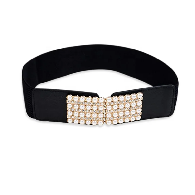 Fashion Ladies Embellished Rhinestone PU Leather Weave Fabric Wide Elastic Belt with Pearl
