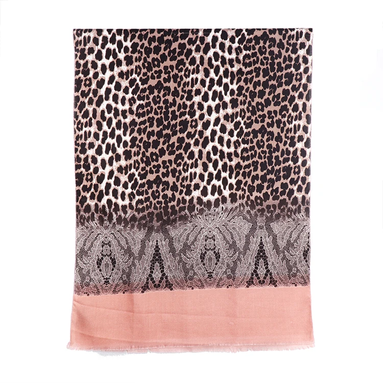 Stock mid-weight women silk scarves leopard animal print scarf winter brushed polyester shawl warm cashmere pashmina