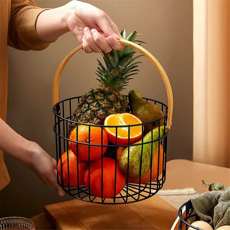 Портативная круглая корзина для хранения фруктов из кованого железа с деревянной ручкой