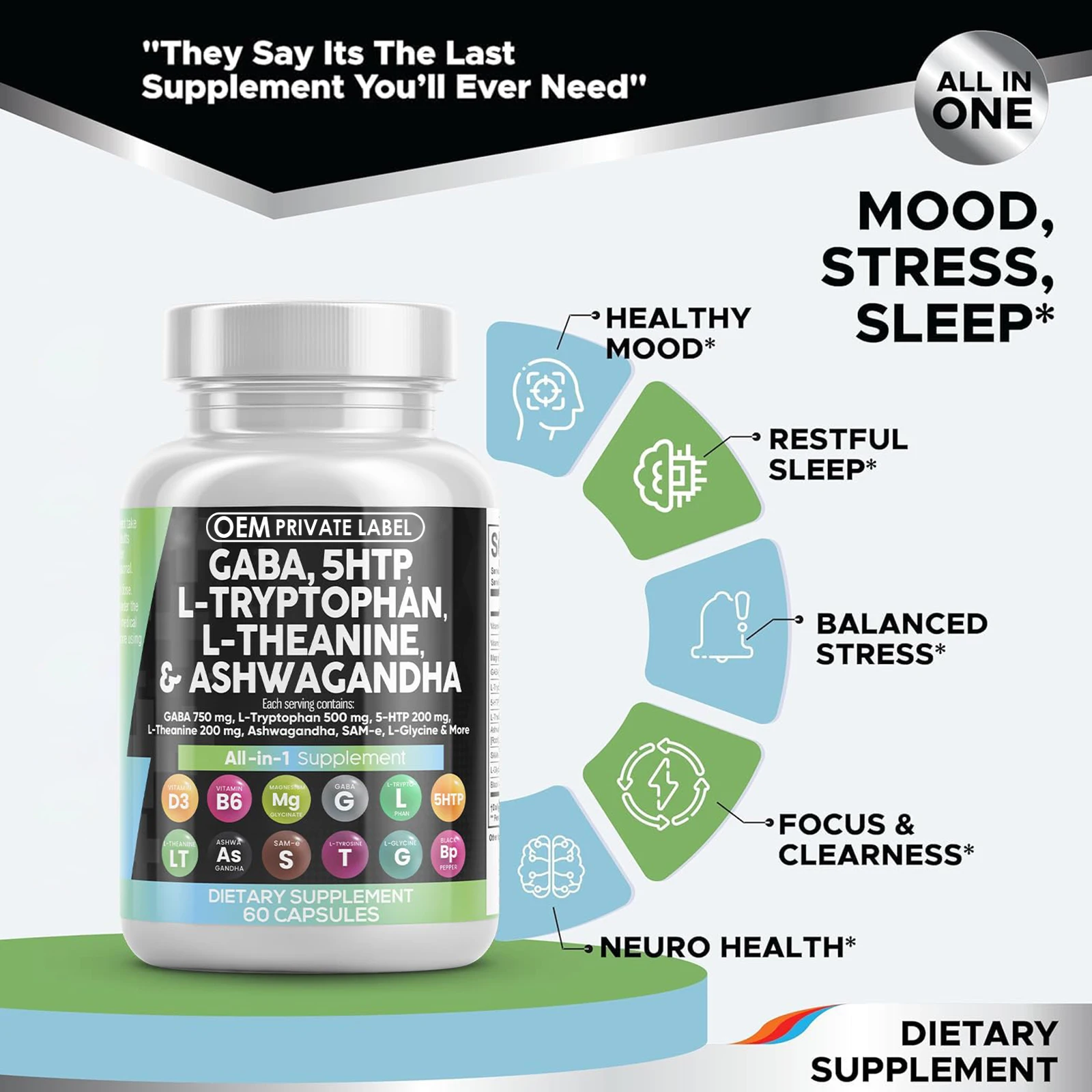 GABA Capsules 750mg 5 HTP L Tryptophan L Theanine Ashwagandha L-Glycine Mood Support Vitamins for Women and Men with L-Tyrosine