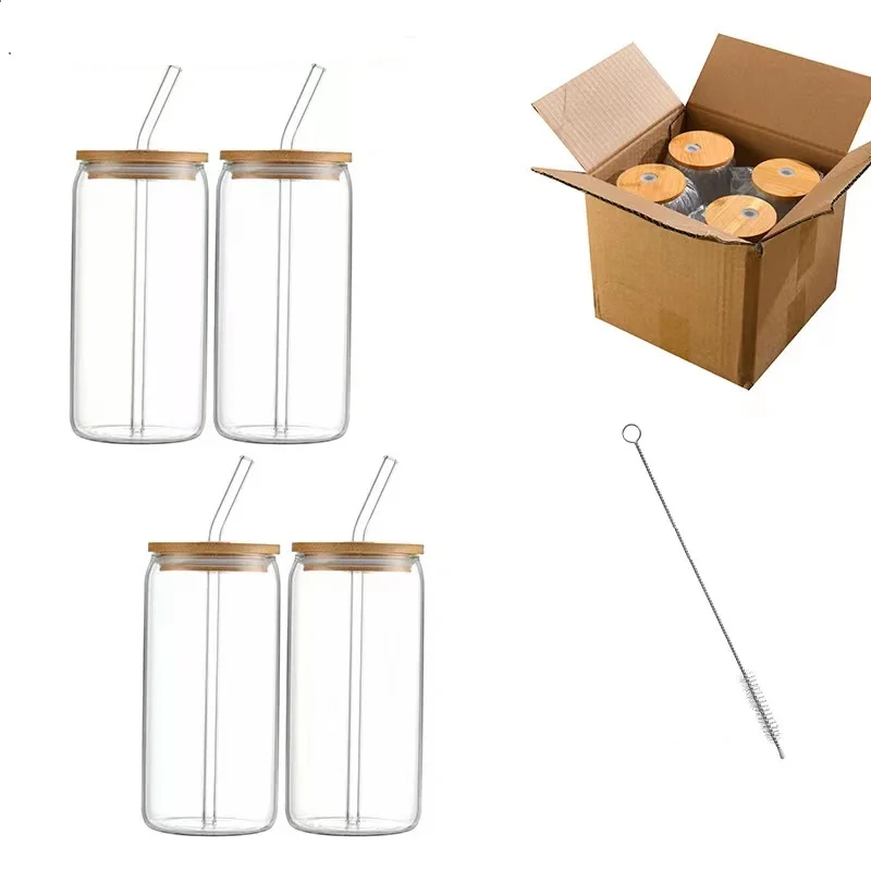 Drinking Glasses with Bamboo Lids and Glass Straw 4pcs Set - 16oz Can Shaped Glass Cups, Beer Glasses, Iced Coffee Glasses, Cute