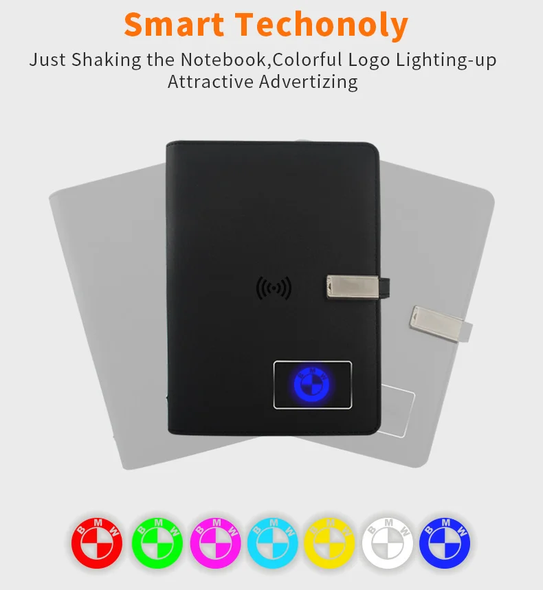 New Products Multifunctional Business Travel Can Light up logo A5 Size Folder Leather Wireless Charging Notebook