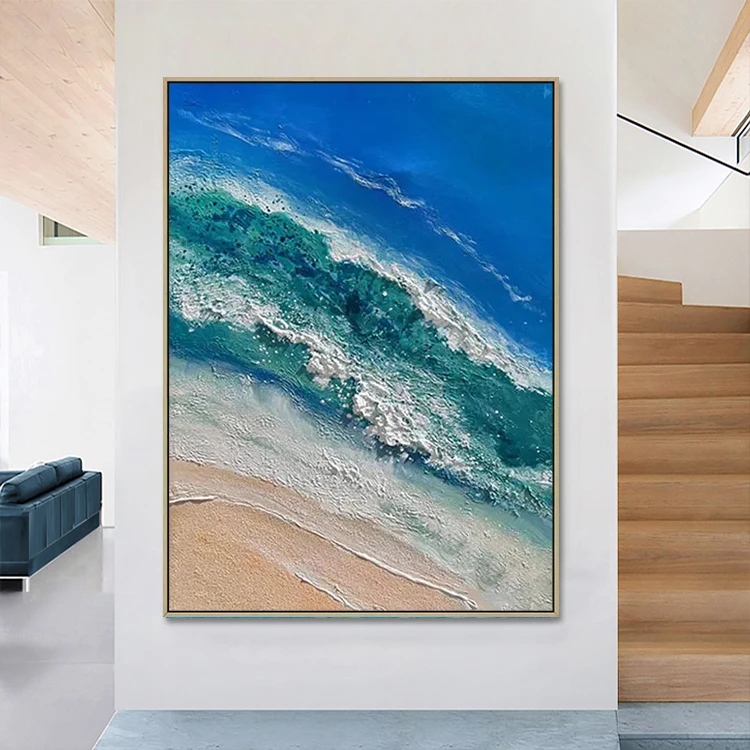 Modern Canvas Artwork Handmade Blue Seascape Painting Acrylic Wall Art Home Decoration