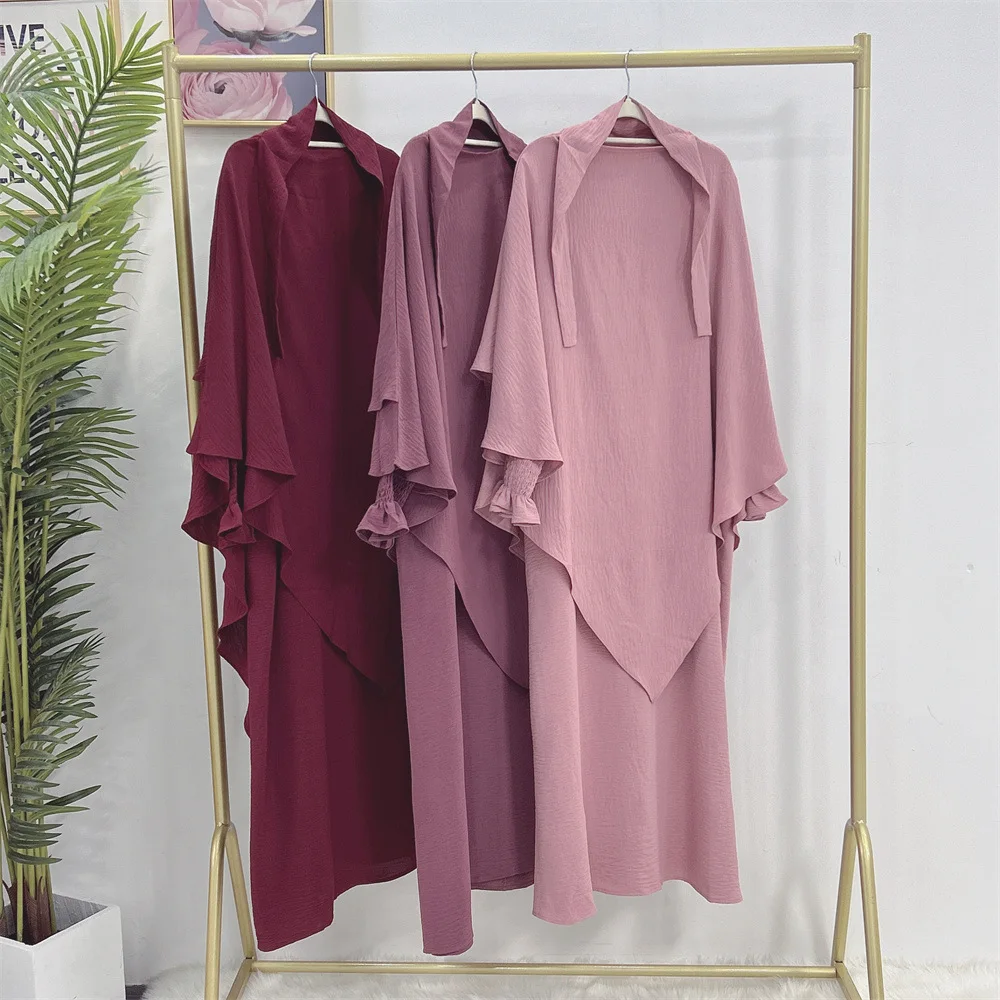NEW High Quality EID Full Length Islamic Clothing Muslim Women Dress Butterfly Two Layers Khimar Two Piece Set Jazz Crepe Abaya