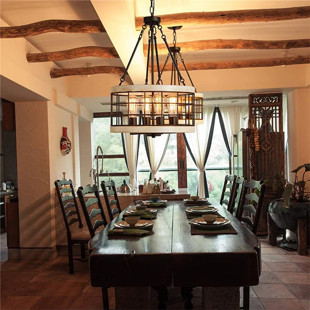 White oak and black metal finishes, suitable for bedroom, kitchen island, stairwell, country farmhouse 4 lamp chandelier