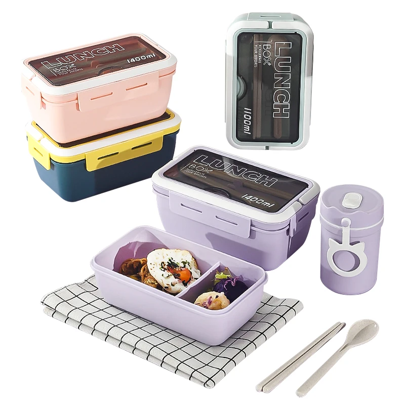 2022 New Wheat And Straw Grade Material bento lunch box plastic lunch box with lid insulated with Spoon And Fork