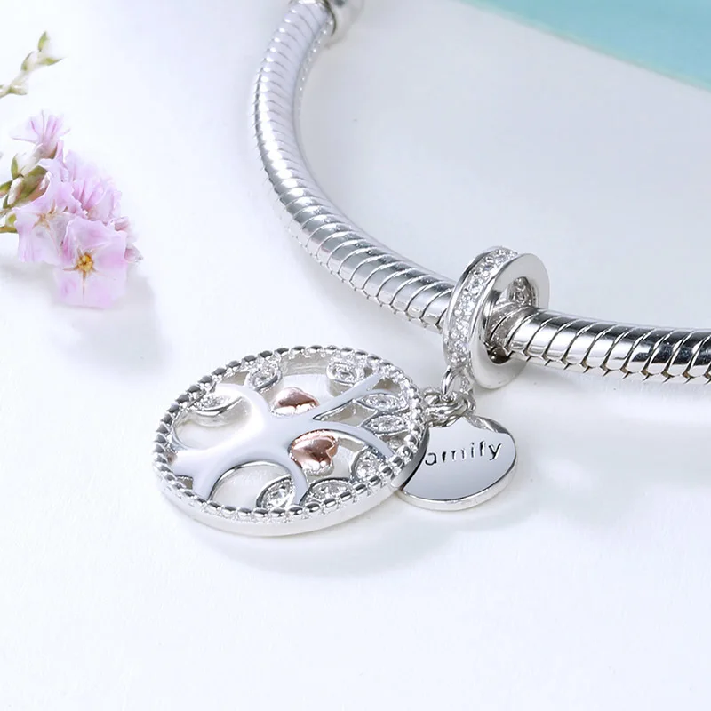 925 Sterling Silver Family Tree of Life Charms Rose Gold Beads with Zircon Fit Authentic European Bracelets Jewelry Gift