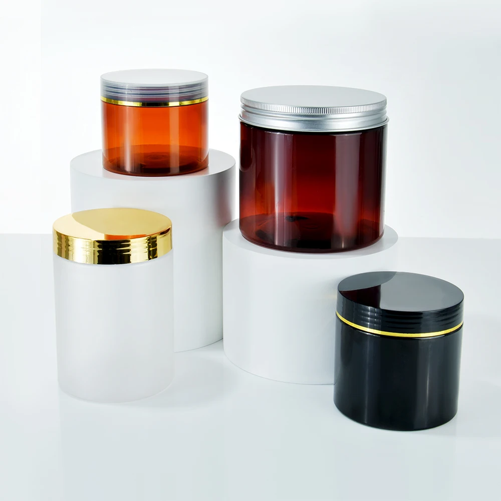 Custom round Black PET Container Travel Plastic PET Bottle for Food Protein Powder Storage Jars for Cosmetic Use