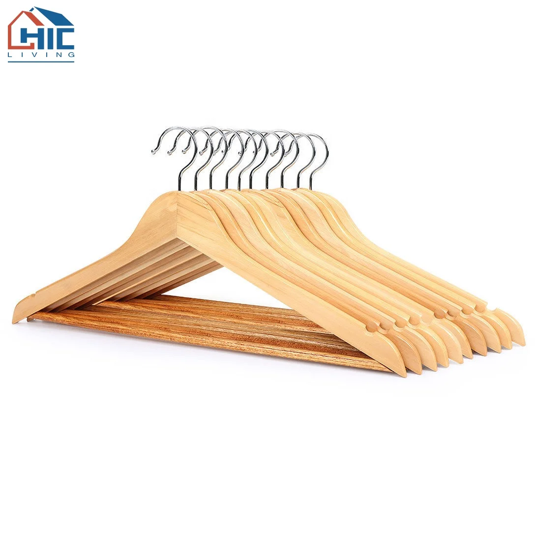 Chic Factory Wholesale Non-slip Natural Wooden Hangers with Bottom Bar & Metal Clips for Clothes/Pants