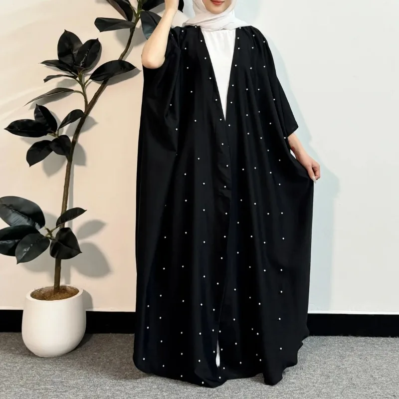 Ethnic Open Front Abaya Long Sleeve Islamic Clothing Loose Beading Maxi Dress Women Jilbabs Dubai Robe Kaftan Muslim Abayas