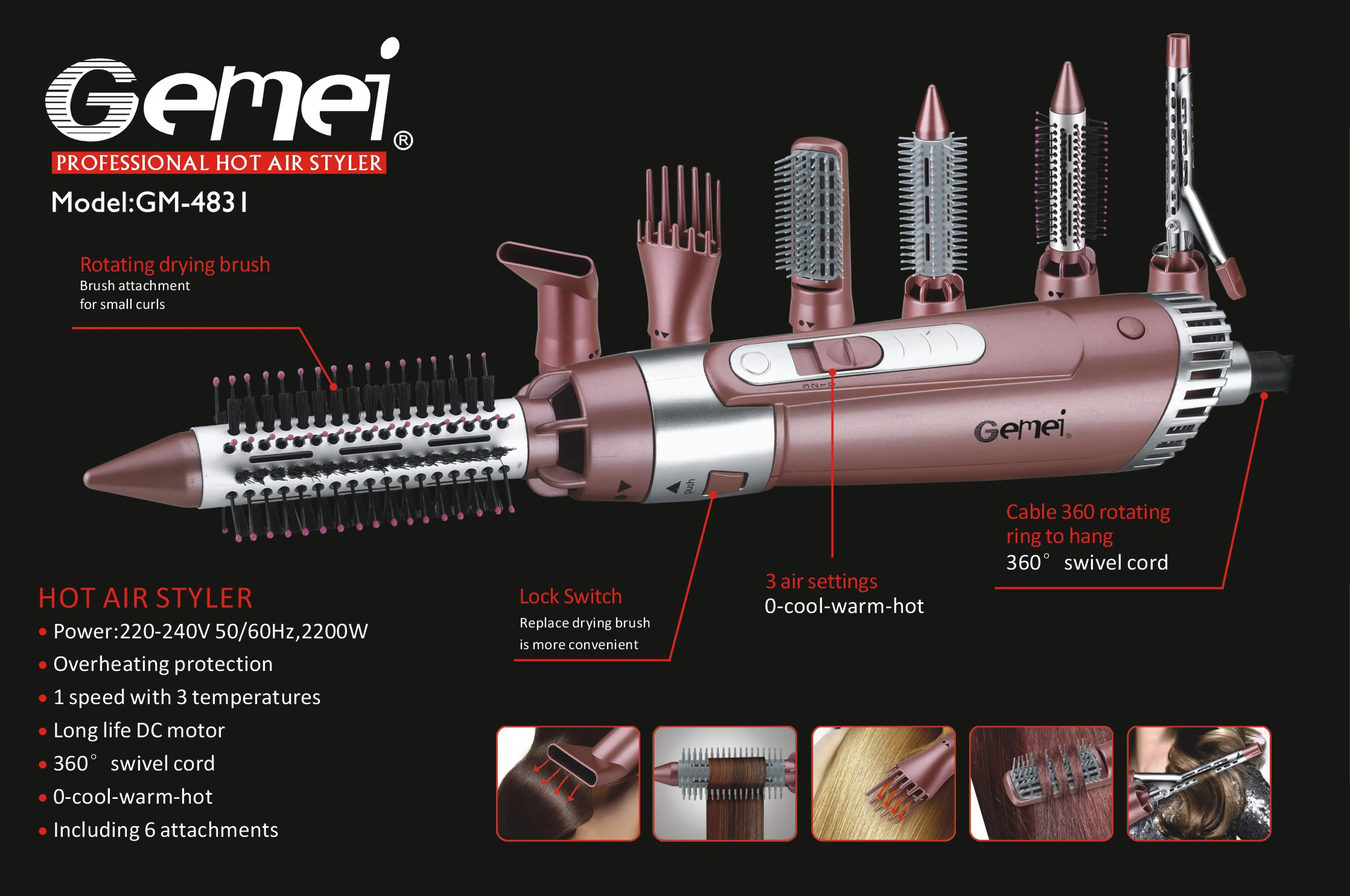  Оригинальный GEMEI 7 в 1 GM4831 Профессиональный DC мотор фен для волос стайлер салона 3