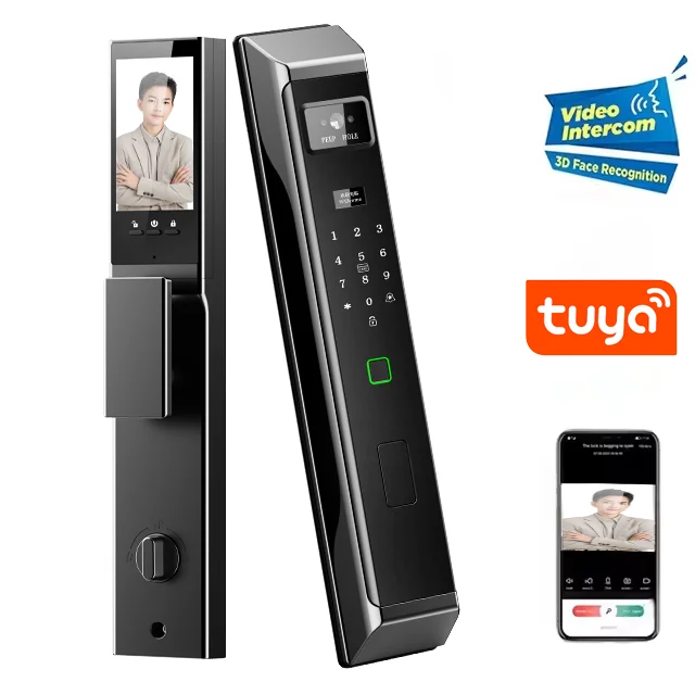 LEZN F8 Tuya OEM biometric smart door lock camera with remote monitoring and intrusion detection, WiFi automatic