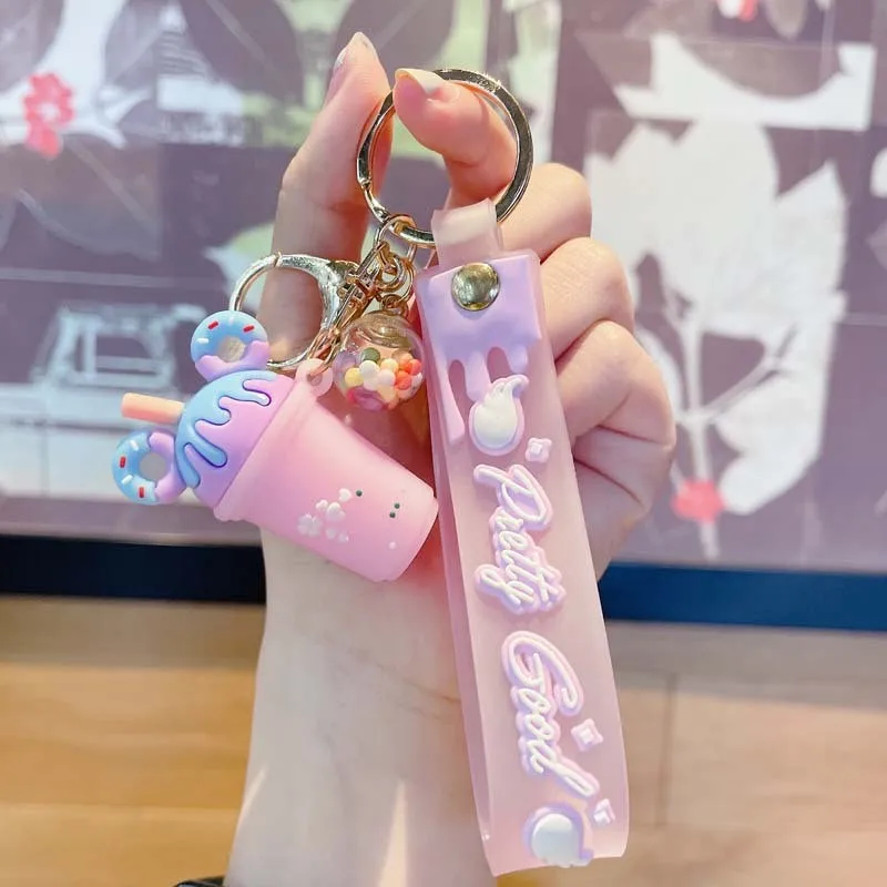 Cute cartoon ice cream drink cup key chain personality key chain couple pendant Fashion gift Car pendant woman girl gift