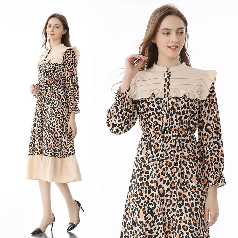 Hot Sale Leopard Print Casual Patchwork V-Neck Loose Midi Women Dress For Women Floral Print Elastic Casual Dresses