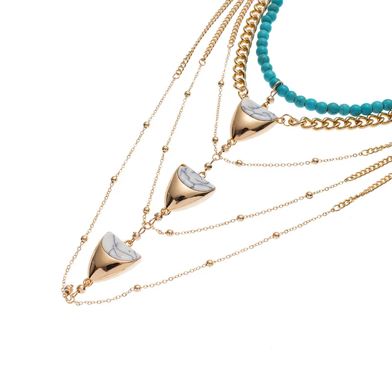2021 Fashion Jewelry Alloy Necklaces Gold Plated Inverted Triangle Beaded Multi Layer Necklace