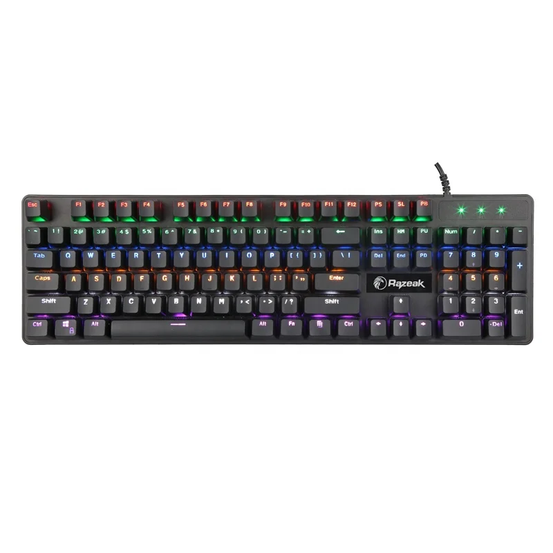 Razeak RK-X16 Rainbow Backlit Thai English 104 Keys ABS Keycap Blue Switches Wired Mechanical Gaming Keyboard for Laptop Black