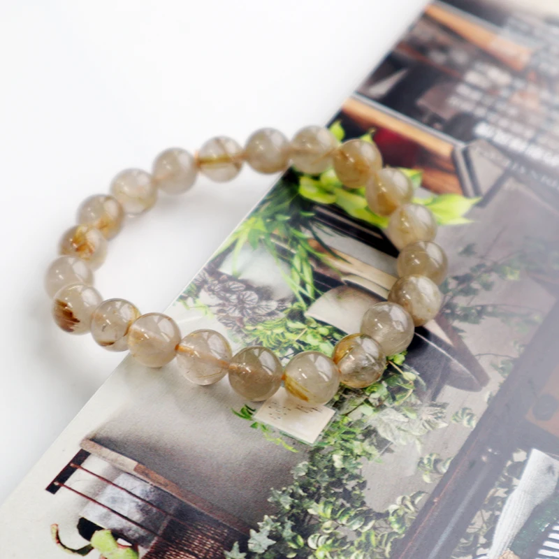 Round Beads Elastic Stretchable Bracelet Rutilated Quartz Crystal Genuine Natural for Men Women 8mm Golden Ball Gemstone Beads -