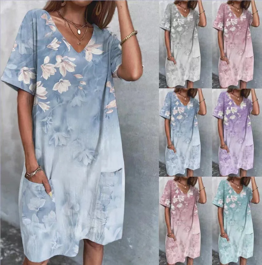 low price plus size s-5xl orchid flower print loose short sleeve mini dress women summer knee length pockets daily casual dress