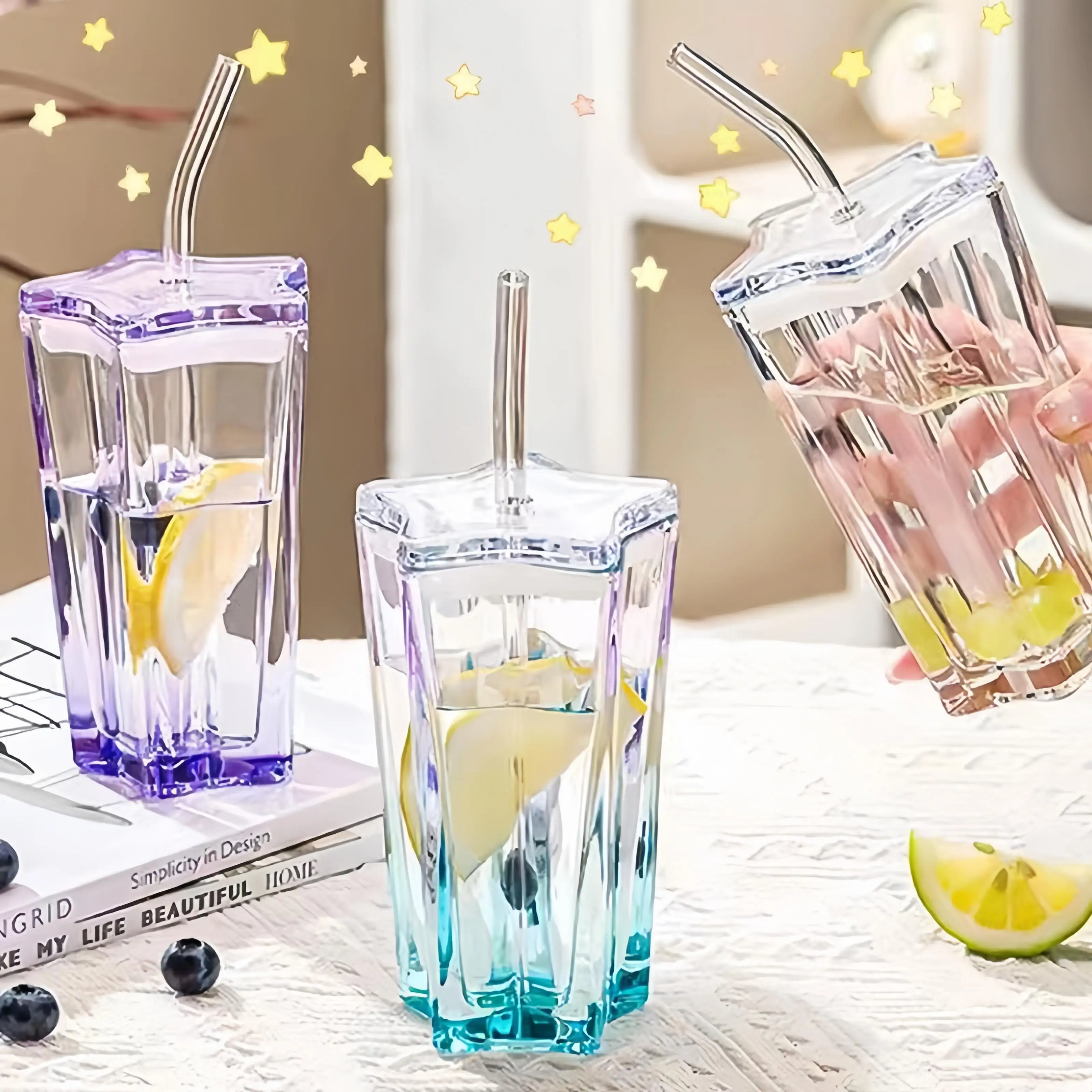 Customized Logo 300ml Pentagonal Star Glass Straw Mug colored glass cups for wine